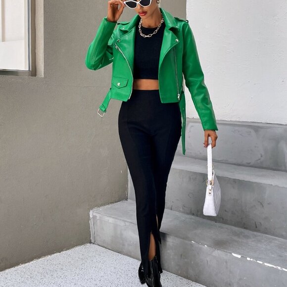 Green Casual Women's Zip Up Belted Pu Moto Jacket - Picture 3 of 7